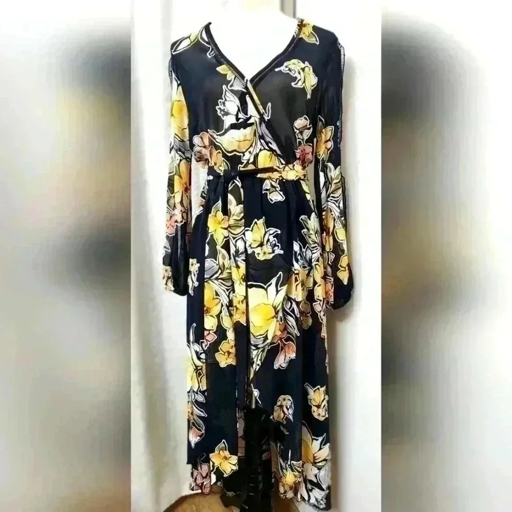 Ark NC floral hi-lo Yellow Blue wrap dress Size Medium Party Date Night Ark NC floral hi-lo Yellow Blue wrap dress Size Medium Party Date Night